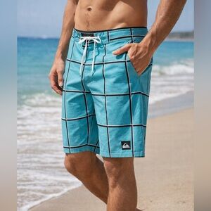 Quiksilver Boardshorts Men Turquoise Plaid Stretch Swim Surf Shorts Size 32